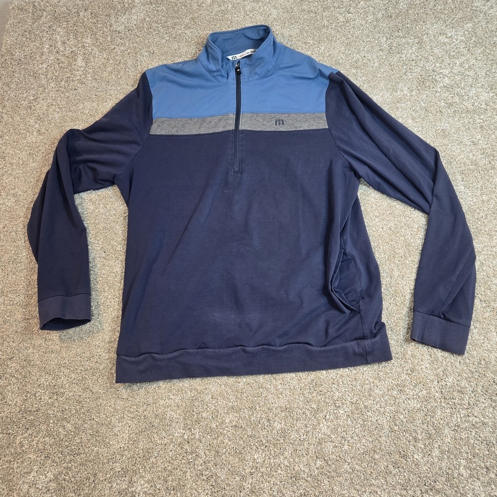 Travis Matthews Men's L 1/4 Zip Golf Pullover Blue/ Gray Long Sleeve Stretch